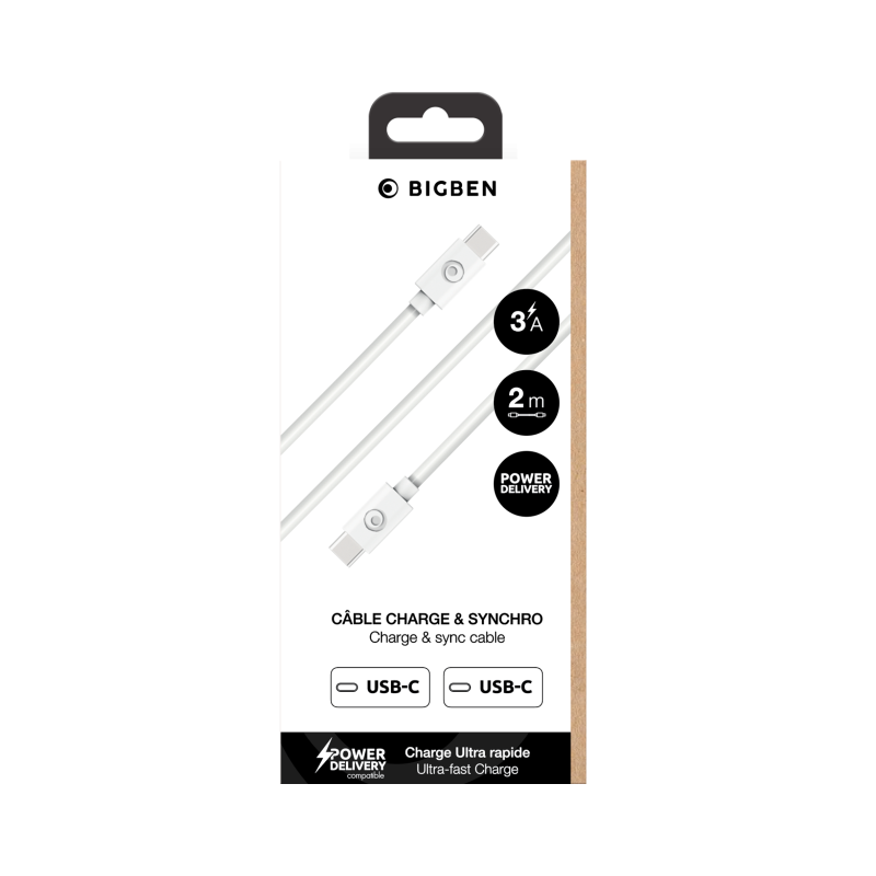 Câble USB C/USB C 2m 3A Blanc Bigben