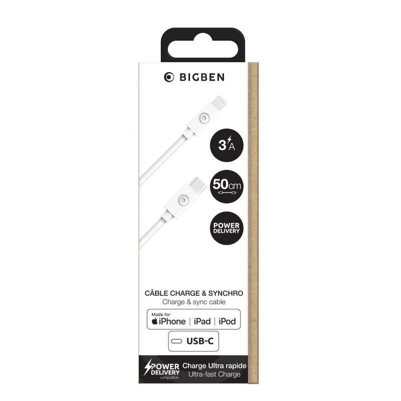 Câble USB C/Lightning 50cm 3A Blanc Bigben