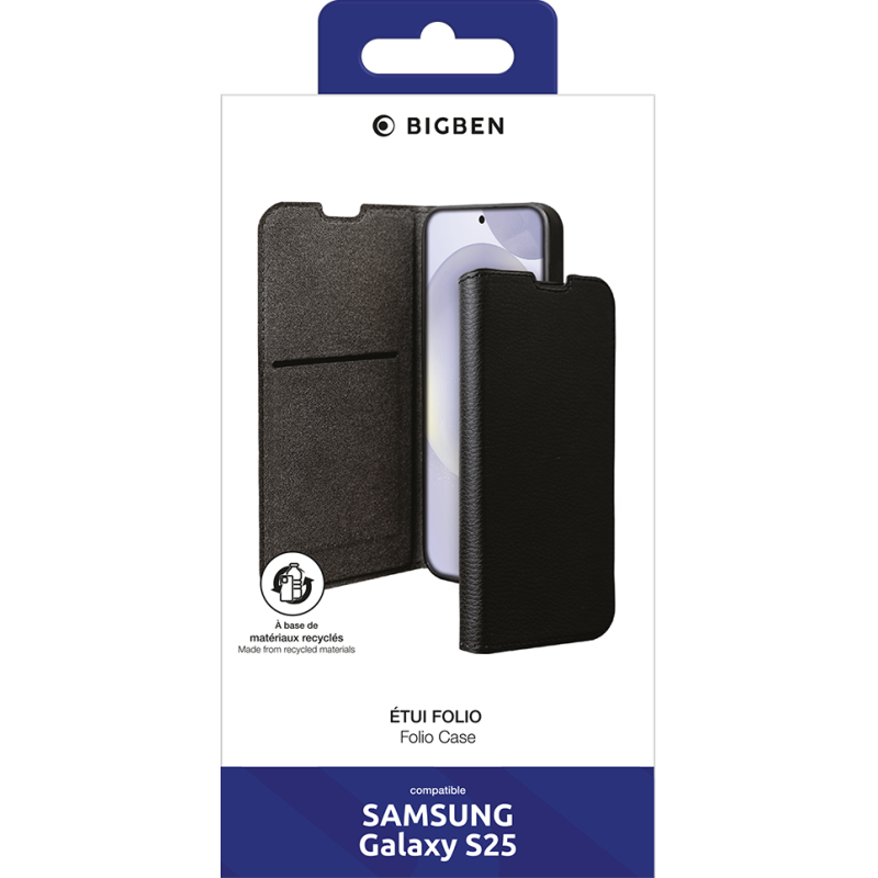Folio Wallet Samsung Galaxy S25 Support vidéo Noir - 65% Plastique recyclé Certifié GRS Bigben