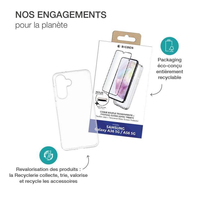 Pack Samsung Galaxy A36 5G Accessoires Coque Transparente + Verre trempé + SmartFrame™ - 60% verre recyclé Bigben