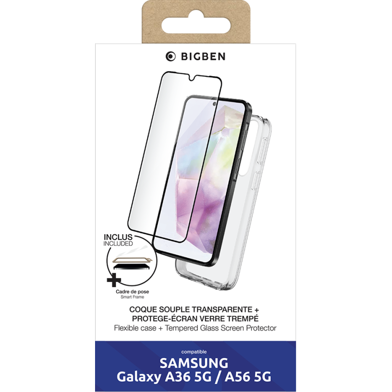 Pack Samsung Galaxy A36 5G Accessoires Coque Transparente + Verre trempé + SmartFrame™ - 60% verre recyclé Bigben