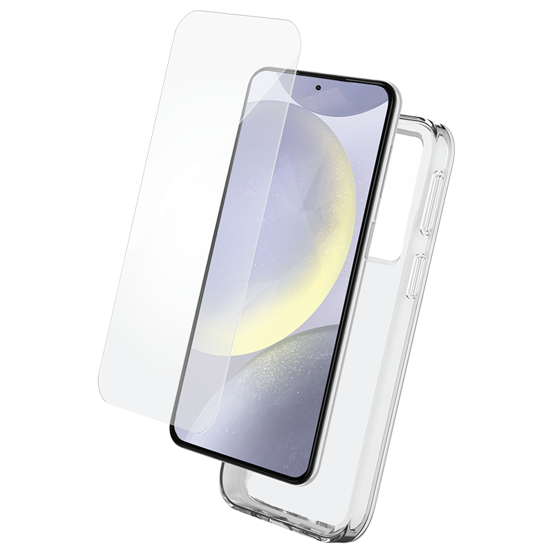 Pack Samsung Galaxy S25+ Accessoires Coque Transparente + Verre trempé + SmartFrame™ - 60% verre recyclé Bigben