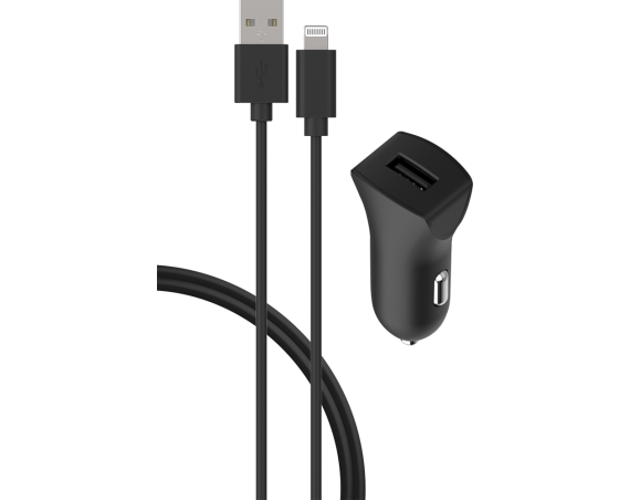 Chargeur voiture 2.4A FastCharge + Câble USB A/Lightning Noir Bigben