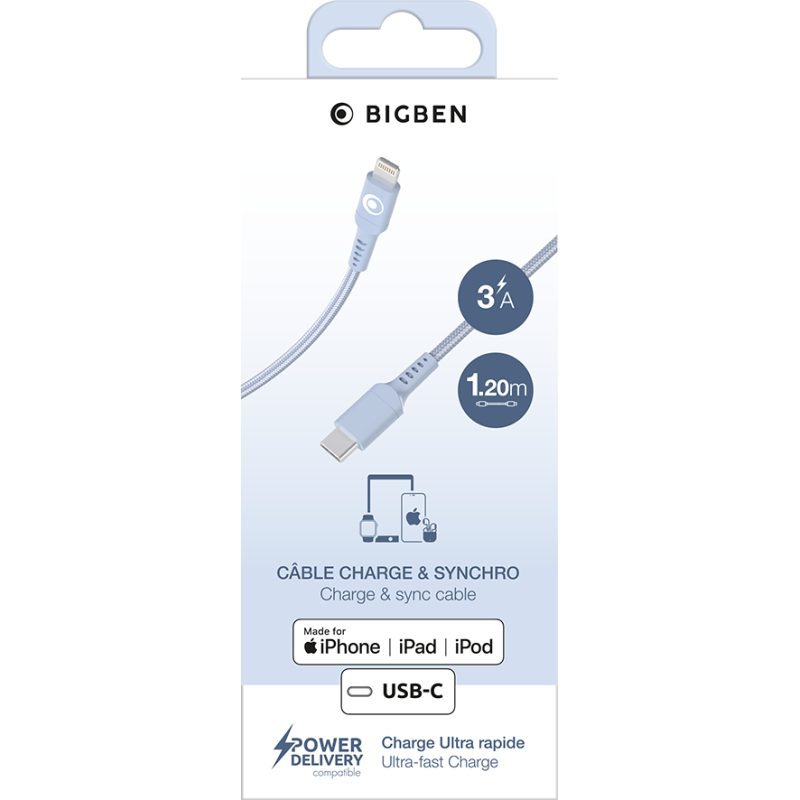 Câble Nylon tressé USB C/Lightning 3A/PD60W 1,2m Bleu - 100% Plastique recyclé Bigben