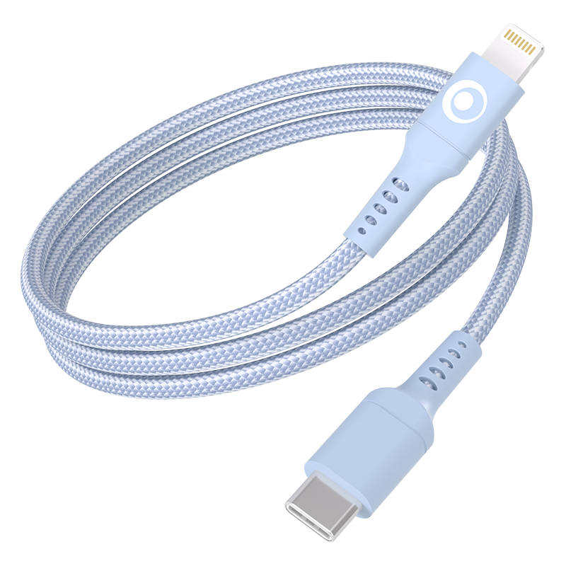 Câble Nylon tressé USB C/Lightning 3A/PD60W 1,2m Bleu - 100% Plastique recyclé Bigben