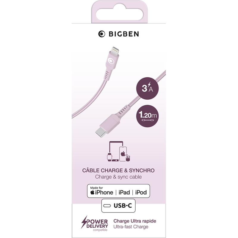 Câble Nylon tressé USB C/Lightning 3A/PD60W 1,2m Rose - 100% Plastique recyclé Bigben