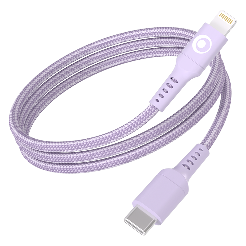 Câble Nylon tressé USB C/Lightning 3A/PD60W 1,2m Violet - 100% Plastique recyclé Bigben