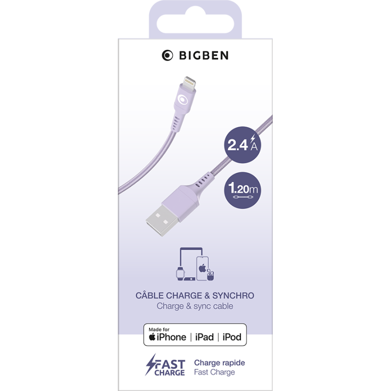 Câble Tissé USB A / Lightning 2.4A 1.2m FastCharge 12W Violet