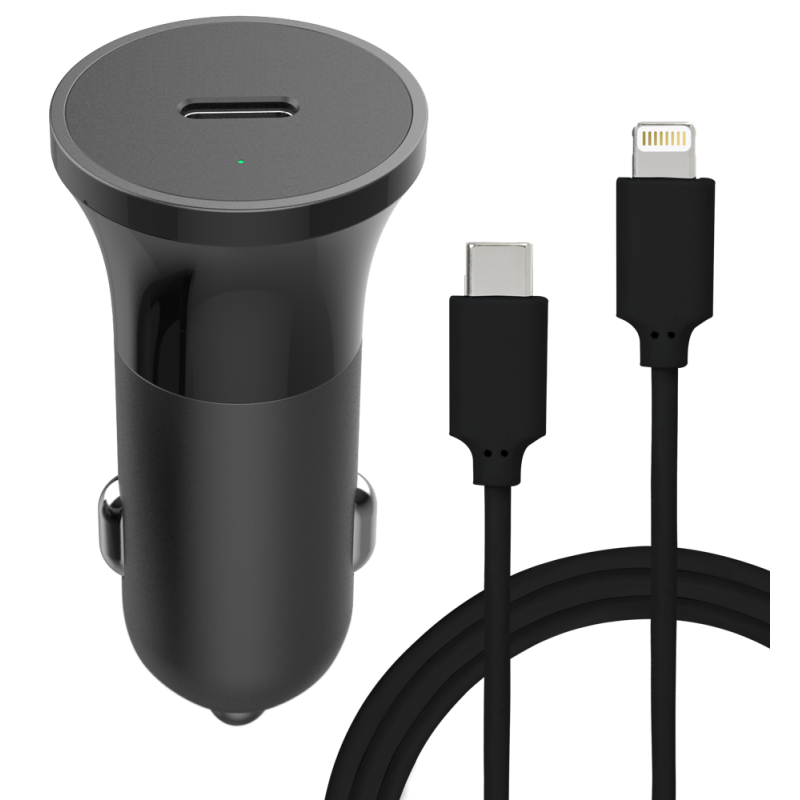 Chargeur voiture 20W Power Delivery + Câble USB C/Lightning Noir Bigben