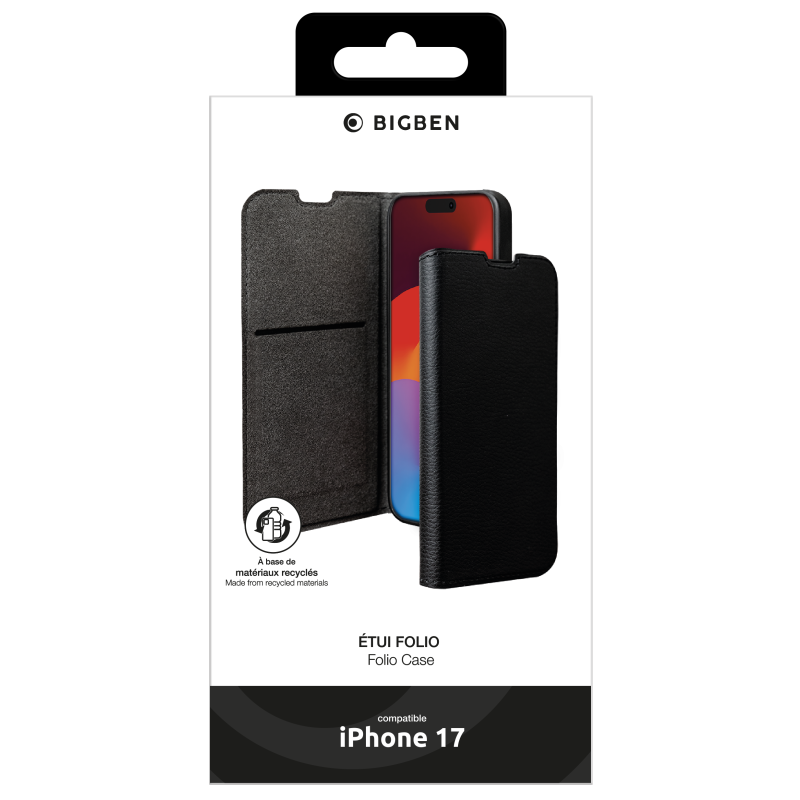 Folio iPhone 17 Pro Wallet Fonction Stand Noir - Certifié GRS