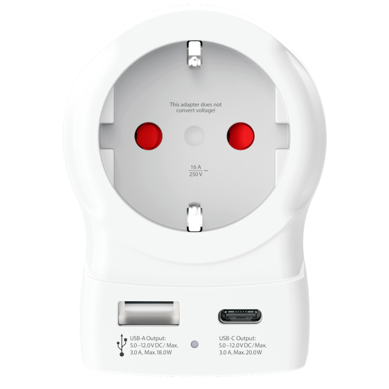 Adaptateur voyage USB A + USB C PD Europe vers USA Blanc