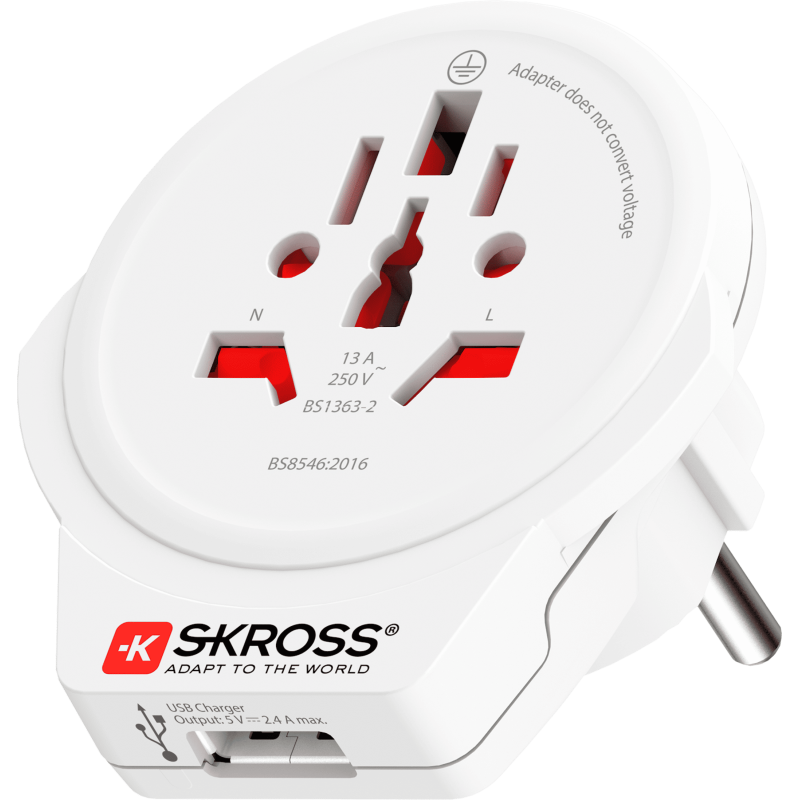 Adaptateur Chargeur Voyage USB A 16A Monde vers Europe/France 2/3 poles Blanc