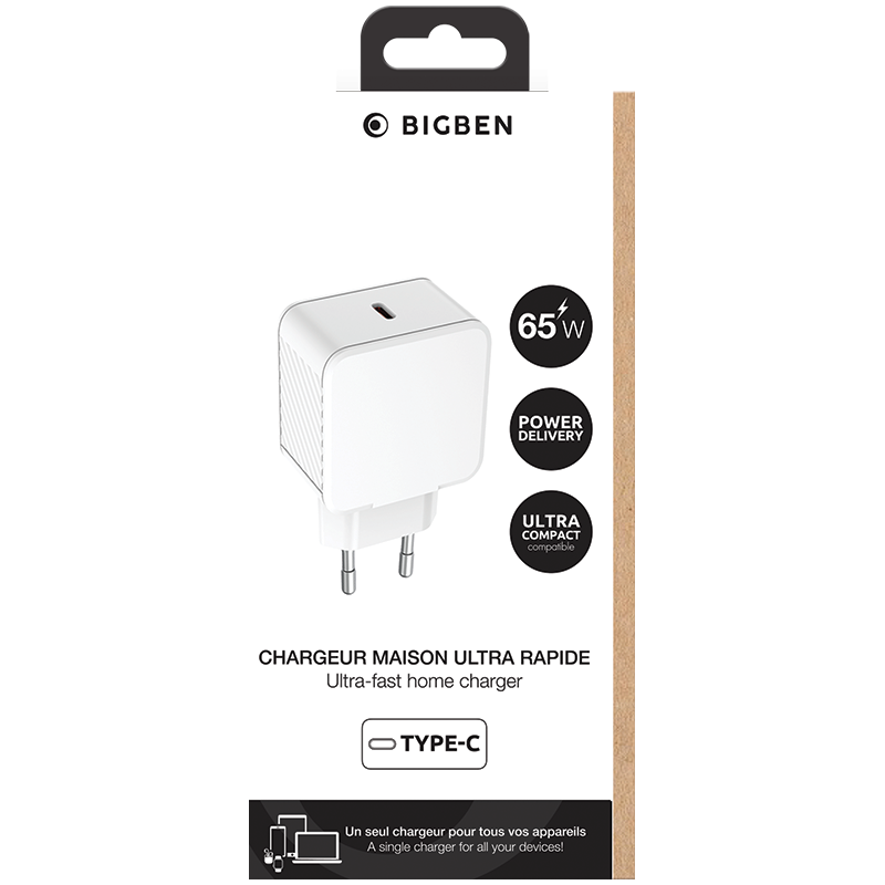 Chargeur maison USB C PD 65W Power Delivery GaN Blanc Bigben