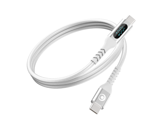 Câble Tissé avec écran USB C / USB C 5A 2m Nylon Tressé PD 100W Blanc
