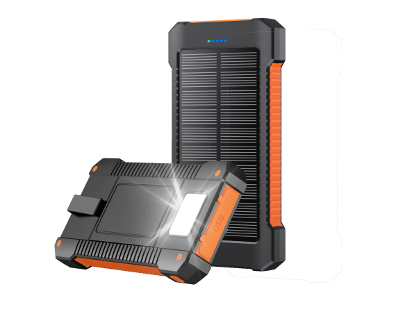 Powerbank Solaire 10000mAh 3 ports USB 2A+C Lampe torche et Dragonne intégrées Orange/Noir