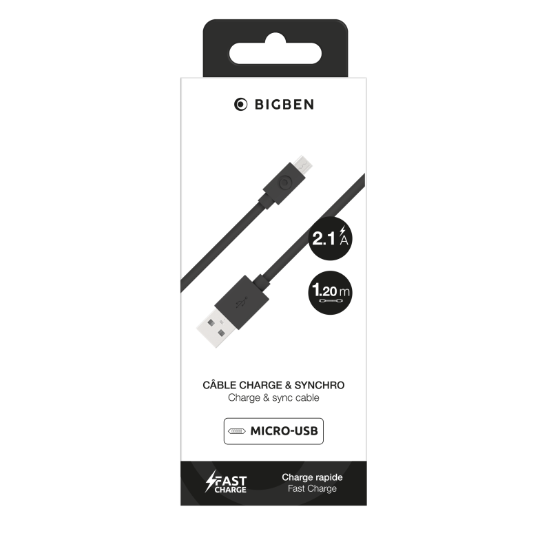 Câble USB A/micro USB 1,2m Noir - 100% Plastique recyclé Bigben