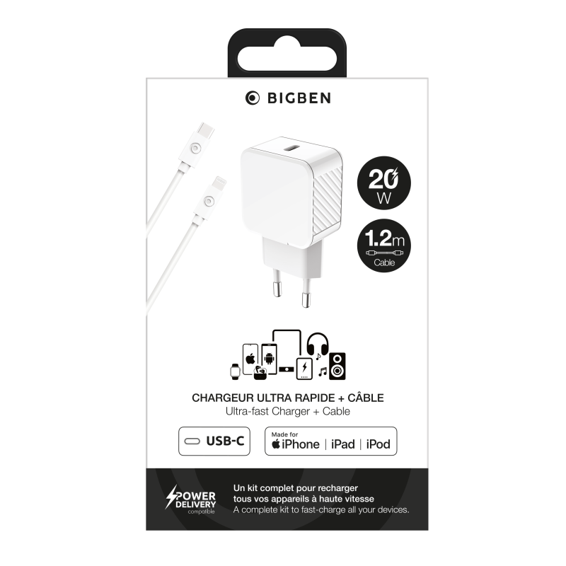 Chargeur maison 20W Power Delivery + Câble USB C/Lightning Blanc - 100% Plastique recyclé Bigben