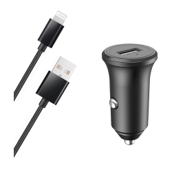 Chargeur Voiture 2.4A FastCharge + Câble USB A/Lightning Noir Bigben