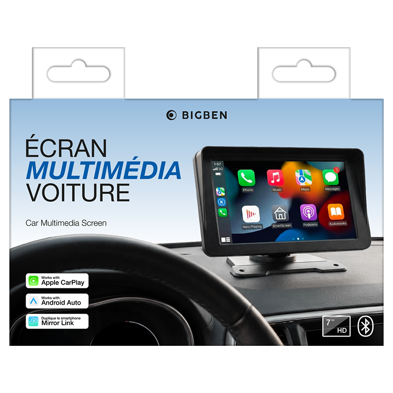 Ecran multimédia de voiture 7'' Carplay/Android Auto/MirrorLink avec pare-soleil Fixation tableau de bord Noir