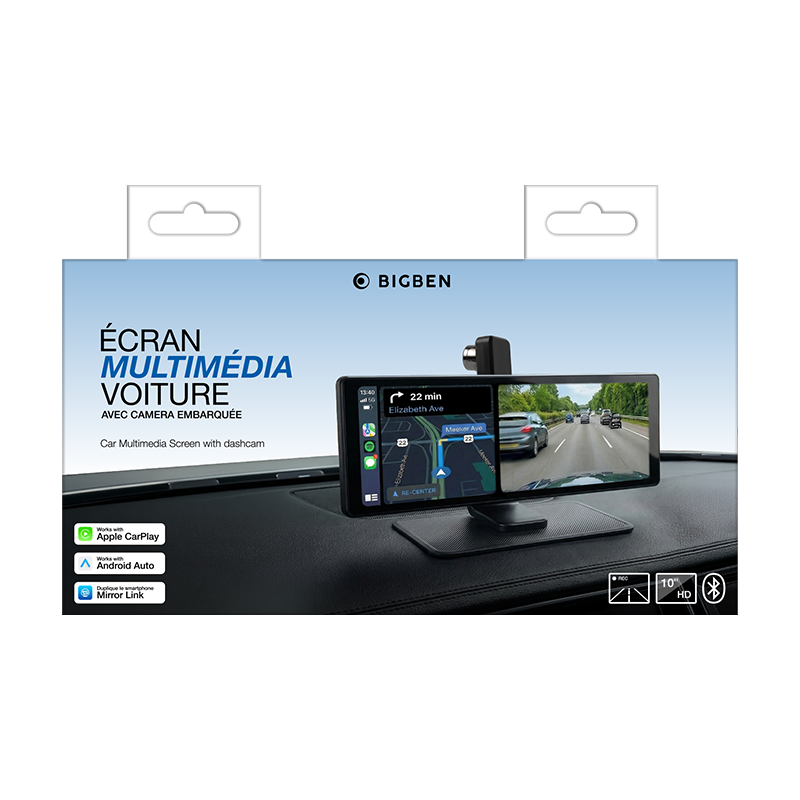 Ecran multimédia de voiture 10" Carplay/Android Auto/MirrorLink avec DashCam intégrée Fixation tableau de bord Noir