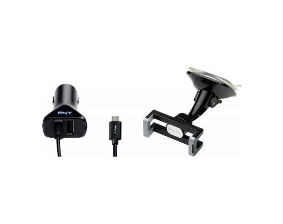 Bundle Support auto ventouse + CAC 2 USB A + Câble USB A/microUSB Pour smartphone jusqu'à 5.5 pouces Noir  PNY