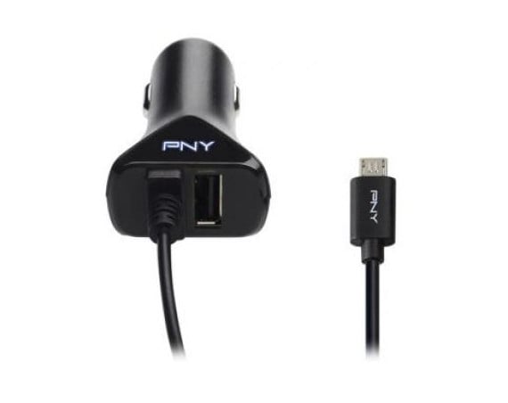 Kit Chargeur Voiture 2 USB A 2.4+1A + Câble USB A / microUSB 1.2m Noir PNY