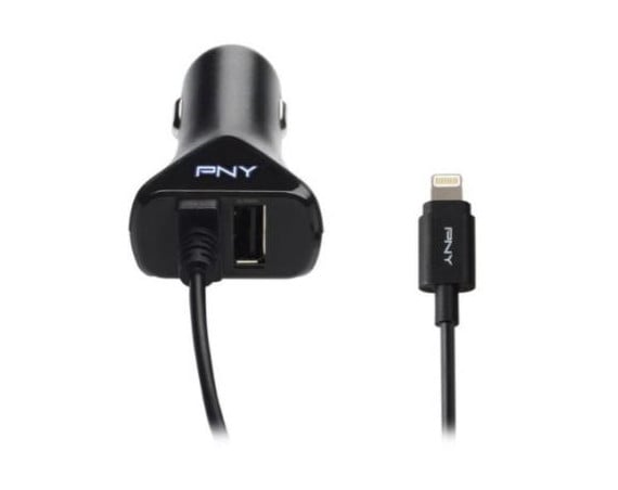 Kit Chargeur Voiture 2 USB A 2.4+1A + Câble USB A / Lightning 1.2m Noir PNY
