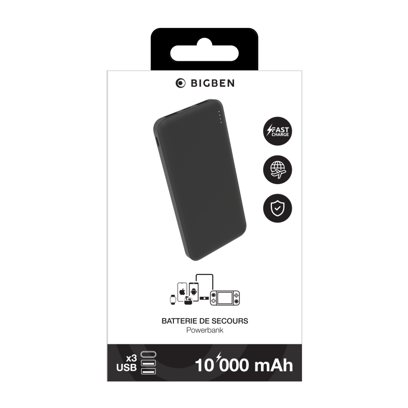 Powerbank USB A+A+C 10000mAh FastCharge + Câble USB A/USB C - Noir - WOW