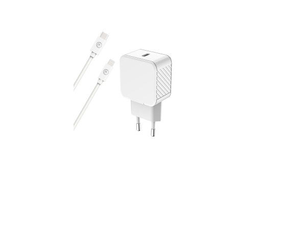 Chargeur maison 30W Power Delivery + Câble USB C/Lightning Blanc - 100% Plastique recyclé Bigben