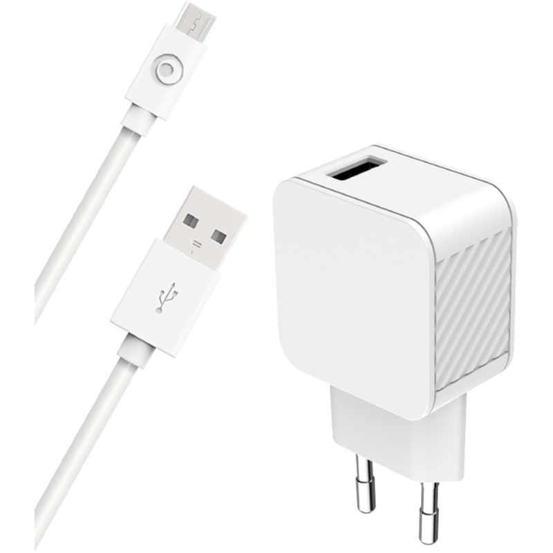 Chargeur maison 2.4A FastCharge + Câble USB A/micro USB Blanc - 100% Plastique recyclé Bigben