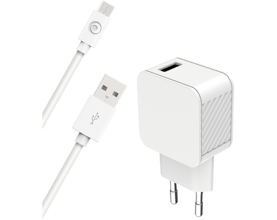 Chargeur maison 2.4A FastCharge  + Câble USB A/micro USB Blanc - 100% Plastique recyclé Bigben