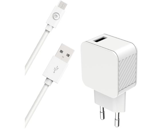 Chargeur maison 2.4A FastCharge + Câble USB A/micro USB Blanc - 100% Plastique recyclé Bigben