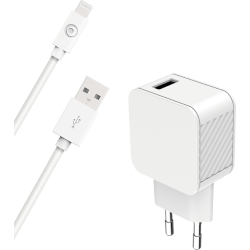 Chargeur maison 2.4A FastCharge + Câble USB A/Lightning Blanc - 100% Plastique recyclé Bigben
