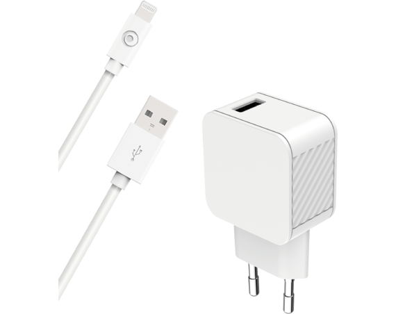 Chargeur maison 2.4A FastCharge  + Câble USB A/Lightning Blanc - 100% Plastique recyclé Bigben