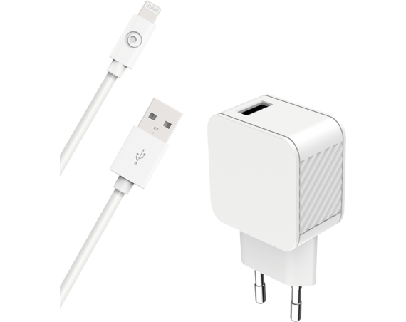 Chargeur maison 2.4A FastCharge + Câble USB A/Lightning Blanc - 100% Plastique recyclé Bigben