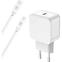 Chargeur maison 20W Power Delivery + Câble USB C/Lightning Blanc - 100% Plastique recyclé Bigben