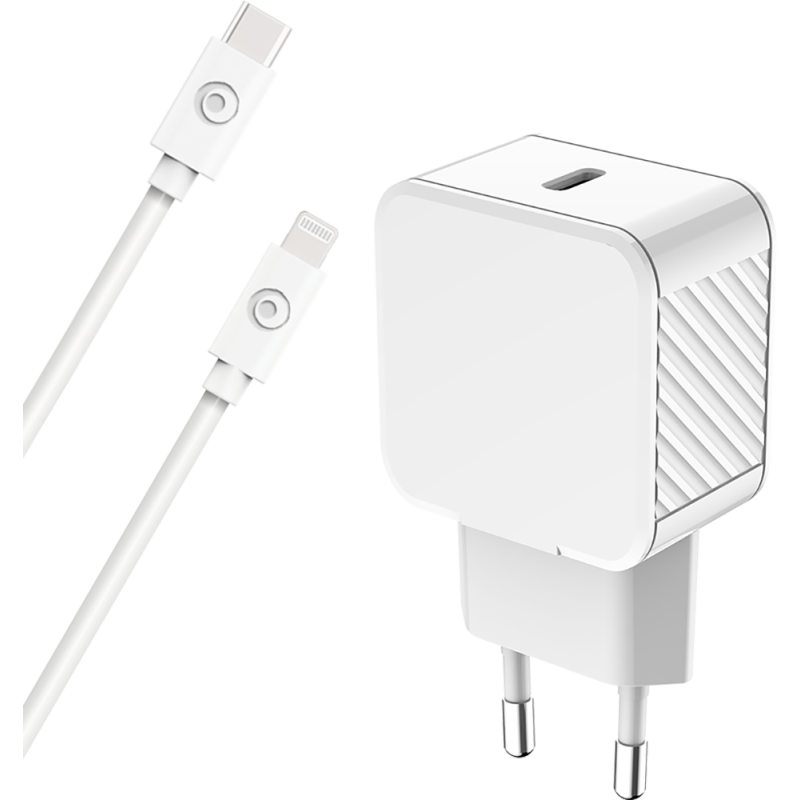 Chargeur maison 20W Power Delivery + Câble USB C/Lightning Blanc - 100% Plastique recyclé Bigben