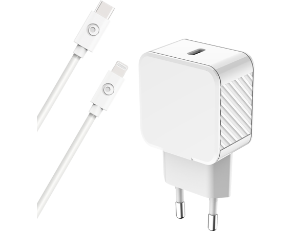 Chargeur maison 20W Power Delivery  + Câble USB C/Lightning Blanc - 100% Plastique recyclé Bigben