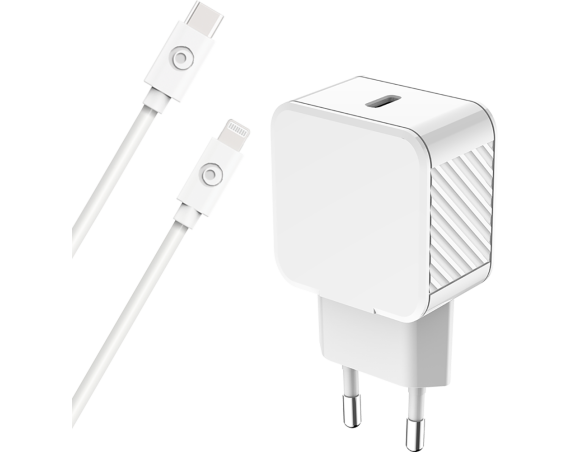 Chargeur maison 20W Power Delivery + Câble USB C/Lightning Blanc - 100% Plastique recyclé Bigben