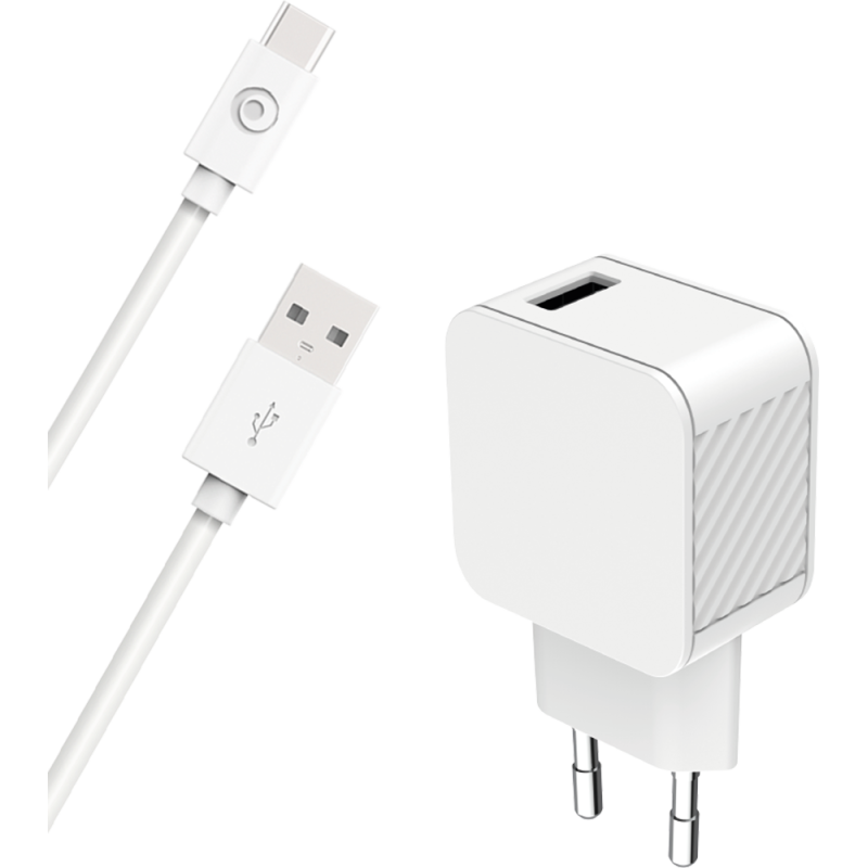Chargeur maison 3A FastCharge + Câble USB A/USB C Blanc - 100% Plastique recyclé Bigben