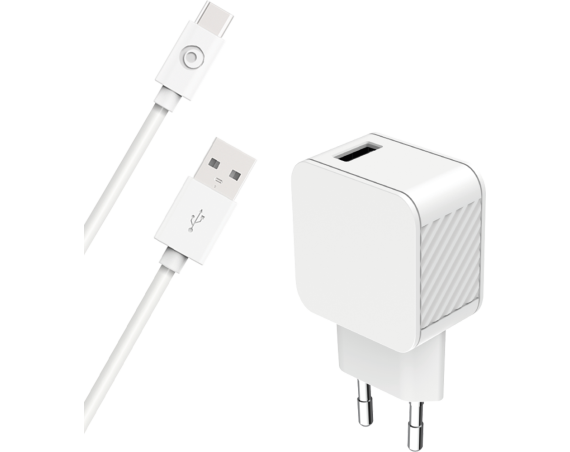 Chargeur maison 3A FastCharge  + Câble USB A/USB C Blanc - 100% Plastique recyclé Bigben