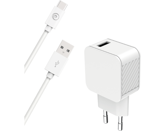 Chargeur maison 3A FastCharge + Câble USB A/USB C Blanc - 100% Plastique recyclé Bigben