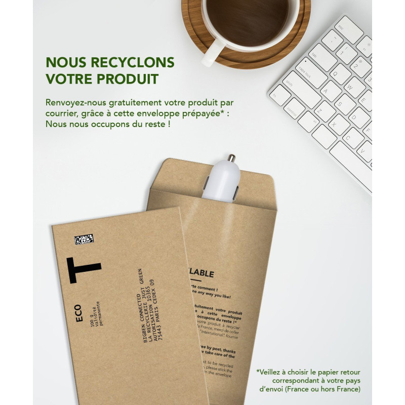 Chargeur voiture Recyclable Blanc USB A+C PD 37W (12+25W) Power Delivery Just Green