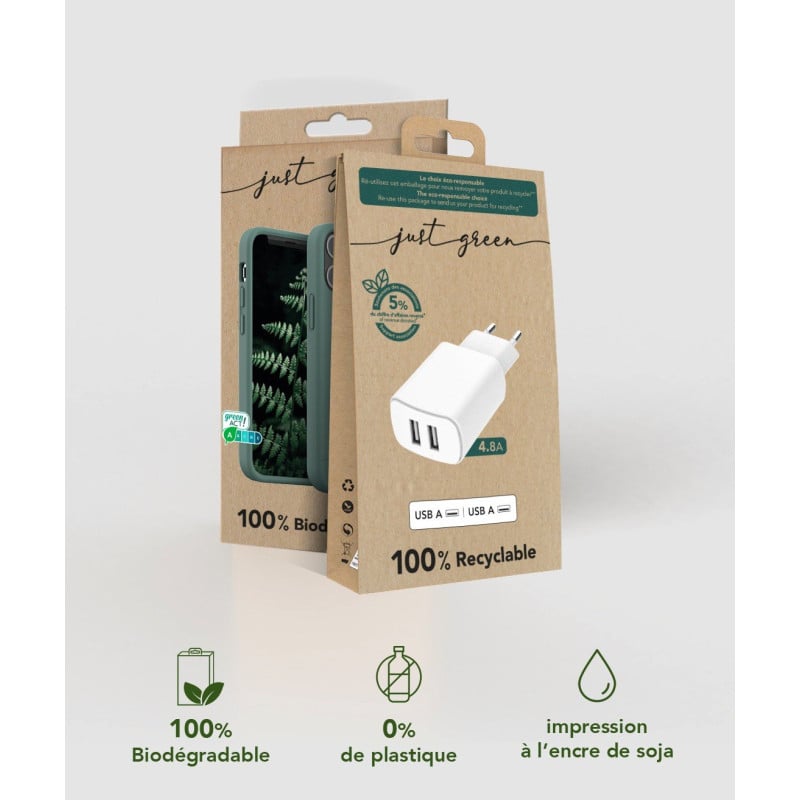 Chargeur voiture Recyclable Blanc USB A+C PD 37W (12+25W) Power Delivery Just Green