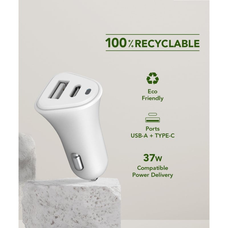 Chargeur voiture Recyclable Blanc USB A+C PD 37W (12+25W) Power Delivery Just Green