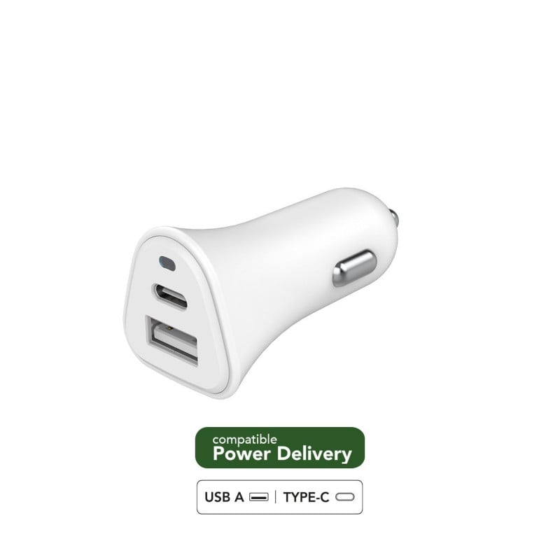Chargeur voiture Recyclable Blanc USB A+C PD 37W Power Delivery