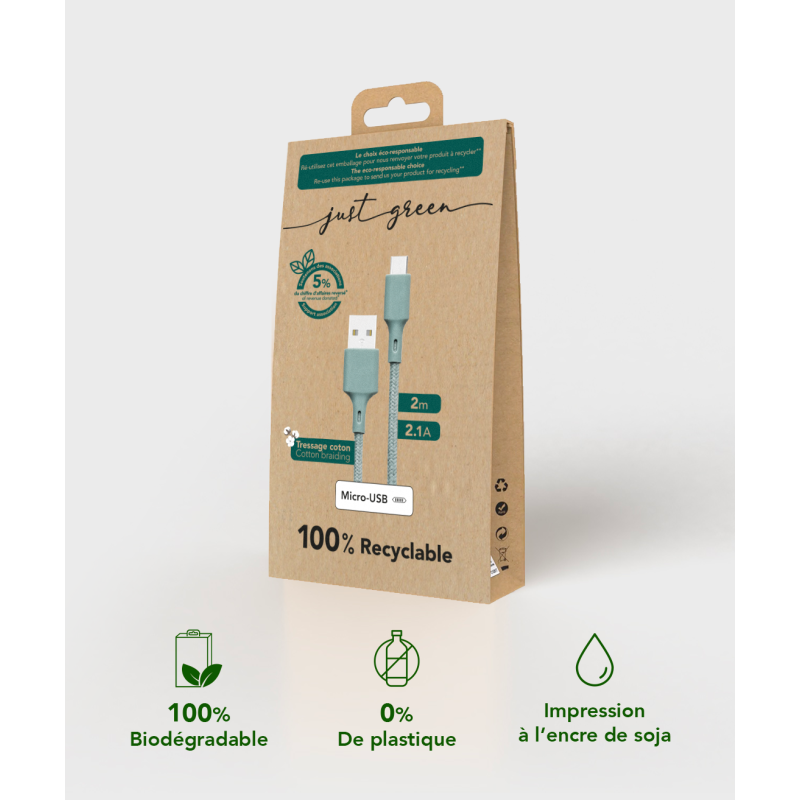 Câble Recyclable en coton Night Green USB A/micro USB 2 m 2.1A Just green