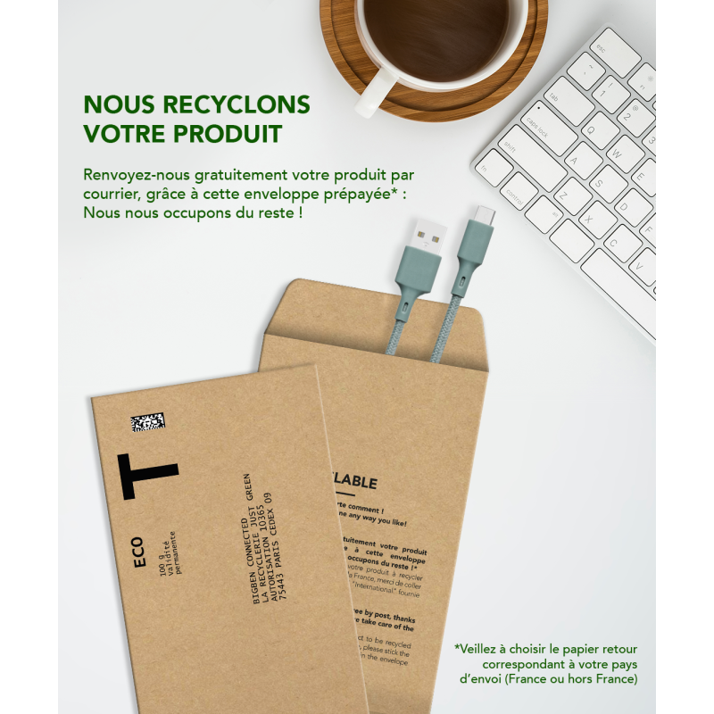 Câble Recyclable en coton Night Green USB A/micro USB 2 m 2.1A Just green