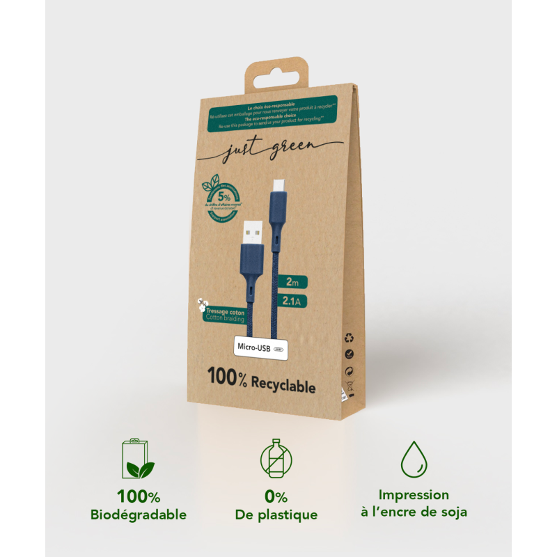 Câble Recyclable en coton Bleu USB A/micro USB 2 m 2.1A Just green