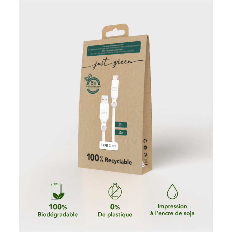 Câble synchro et charge blanc USB A/ USB Type-C 3A 2m Just green